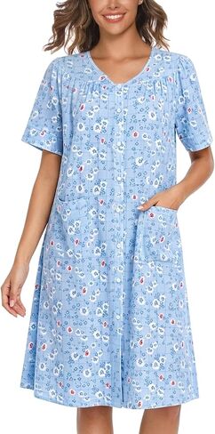 YOZLY Women's Cotton Button Down Short Sleeve House Dress Housecoat Lounger Robe with Pockets 3-XXXL in Saudi Arabia