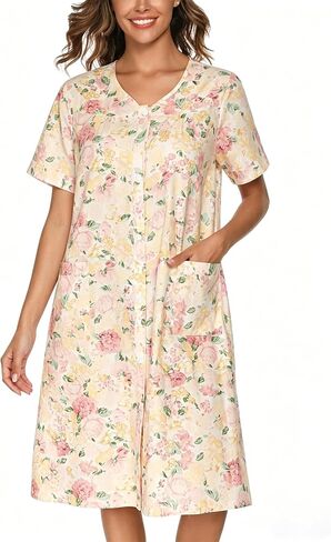 YOZLY Women's Cotton Button Down Short Sleeve House Dress Housecoat Lounger Robe with Pockets 3-XXXL in Saudi Arabia