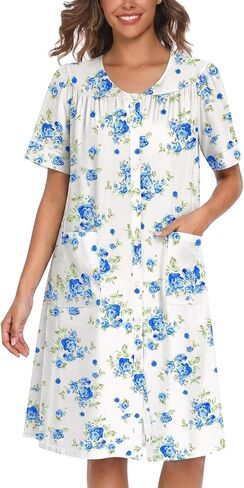 YOZLY Women's Cotton Button Down Short Sleeve House Dress Housecoat Lounger Robe with Pockets 3-XXXL in Saudi Arabia
