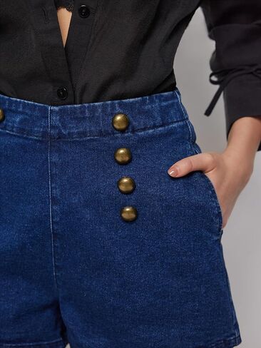 CIDER Women's Denim Shorts High Waist Gold Button Detail Casual Summer Hot Pants with Pockets in Kuwait
