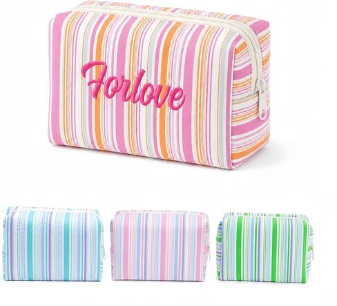Personalized Seersucker Cosmetic Bag - Custom Embroidered Name with Cute Icons - Monogrammed Cotton Striped Makeup Pouch for Bridesmaid Proposal (Flat Pouch) in Kuwait