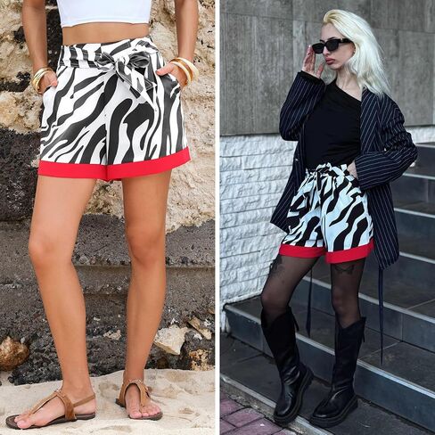 EXLURA Womens High Waist Boho Shorts Zebra Print Color Block Tie Knot Summer Beach Vacation Flowy Shorts with Pockets 2026 in Kuwait