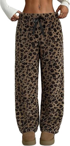 Womens Cheetah Print Fuzzy Fleece Pajama Pants Y2K Leopard Pants with Pockets Elastic Waist Warm Pj Bottoms in Saudi Arabia