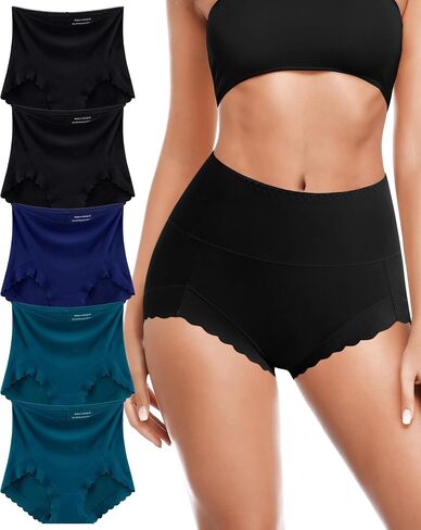 High Waisted Seamless Underwear for Women No Show Panties Postpartum Underwear Scalloped Edge Breathable Briefs 5 Pack in Saudi Arabia