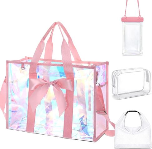 Hsei 4 Pcs Large Iridescent Beach Bag with Bow Waterproof Tote with Makeup Phone Pouch Swimsuit Bag for Women Travel Pool Gym in Saudi Arabia