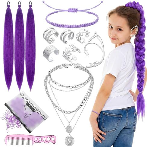 Tondiamo 9 Pcs Kpop Theme Long Purple Ponytail Braid Costume Wig Set High Temperature Heat Resistant Silk Fiber Natural Looking Anime Theme Costume Wig for Women Halloween Cosplay Kpop Party Supply in Kuwait