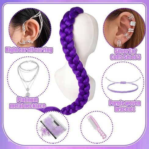 Tondiamo 9 Pcs Kpop Theme Long Purple Ponytail Braid Costume Wig Set High Temperature Heat Resistant Silk Fiber Natural Looking Anime Theme Costume Wig for Women Halloween Cosplay Kpop Party Supply in Kuwait