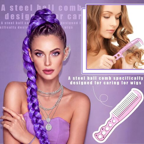 Tondiamo 9 Pcs Kpop Theme Long Purple Ponytail Braid Costume Wig Set High Temperature Heat Resistant Silk Fiber Natural Looking Anime Theme Costume Wig for Women Halloween Cosplay Kpop Party Supply in Kuwait