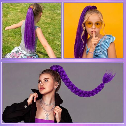 Tondiamo 9 Pcs Kpop Theme Long Purple Ponytail Braid Costume Wig Set High Temperature Heat Resistant Silk Fiber Natural Looking Anime Theme Costume Wig for Women Halloween Cosplay Kpop Party Supply in Kuwait