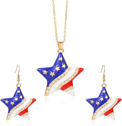 HUJUON American Flag Pendant Necklace Earring Set for Women 4th Of July Butterfly Drop Dangle Hook Earring Independence Day Usa Patriotic Choker Jewelry Gift in Kuwait