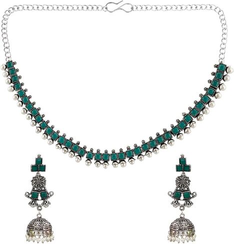 Efulgenz Indian Jewelry Sets for Women Square Crystal Stone Necklace Sets with Floral Faux Pearl Drop Jhumka Jhumki Dangle Earrings Choker Necklace Earrings Set Bohemian Jewelry Set for Women in Kuwait