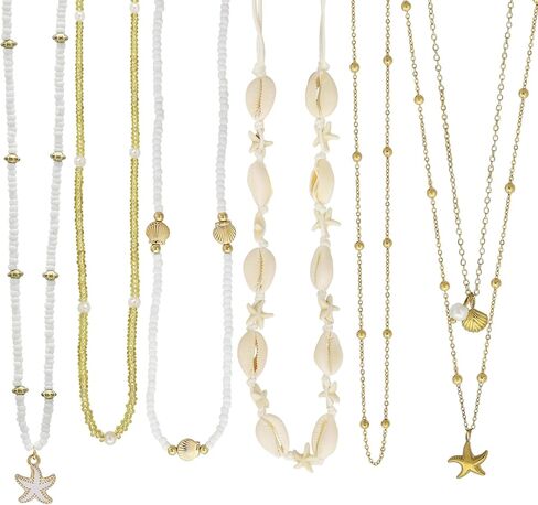 RechicGu 6 Pcs 14k Gold Plated Layered Shell Starfish Beach Necklace Set for Women Boho Shell Starfish Pearl Beaded Summer Necklace Adjustable Dainty Coastal Vacation Outfits Mermaid Accessories in Kuwait