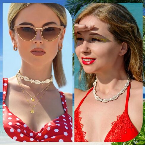 RechicGu 6 Pcs 14k Gold Plated Layered Shell Starfish Beach Necklace Set for Women Boho Shell Starfish Pearl Beaded Summer Necklace Adjustable Dainty Coastal Vacation Outfits Mermaid Accessories in Kuwait