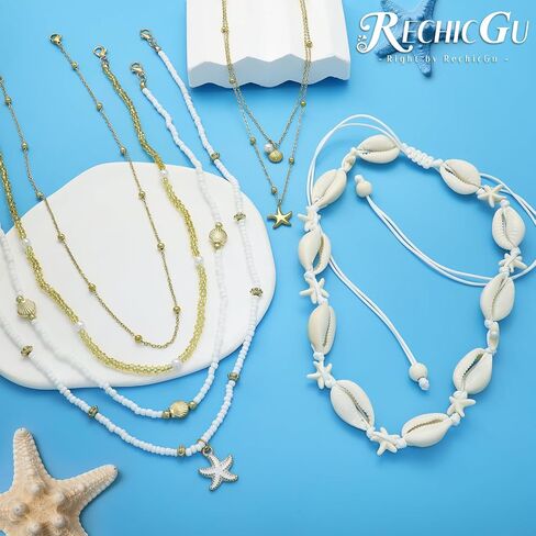 RechicGu 6 Pcs 14k Gold Plated Layered Shell Starfish Beach Necklace Set for Women Boho Shell Starfish Pearl Beaded Summer Necklace Adjustable Dainty Coastal Vacation Outfits Mermaid Accessories in Kuwait