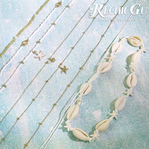 RechicGu 6 Pcs 14k Gold Plated Layered Shell Starfish Beach Necklace Set for Women Boho Shell Starfish Pearl Beaded Summer Necklace Adjustable Dainty Coastal Vacation Outfits Mermaid Accessories in Kuwait