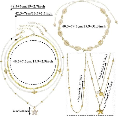RechicGu 6 Pcs 14k Gold Plated Layered Shell Starfish Beach Necklace Set for Women Boho Shell Starfish Pearl Beaded Summer Necklace Adjustable Dainty Coastal Vacation Outfits Mermaid Accessories in Kuwait