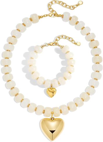 WOWORAMA Boho Beaded Heart Necklace Set for Women Cream White Resin Beads Bracelet Y2k Chunky Puffy Heart Charm Bracelet in Kuwait