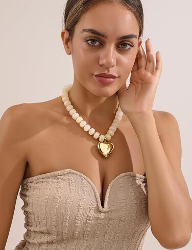 WOWORAMA Boho Beaded Heart Necklace Set for Women Cream White Resin Beads Bracelet Y2k Chunky Puffy Heart Charm Bracelet in Kuwait