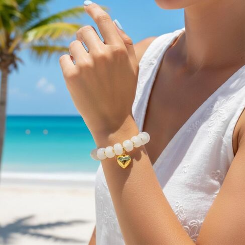 WOWORAMA Boho Beaded Heart Necklace Set for Women Cream White Resin Beads Bracelet Y2k Chunky Puffy Heart Charm Bracelet in Kuwait