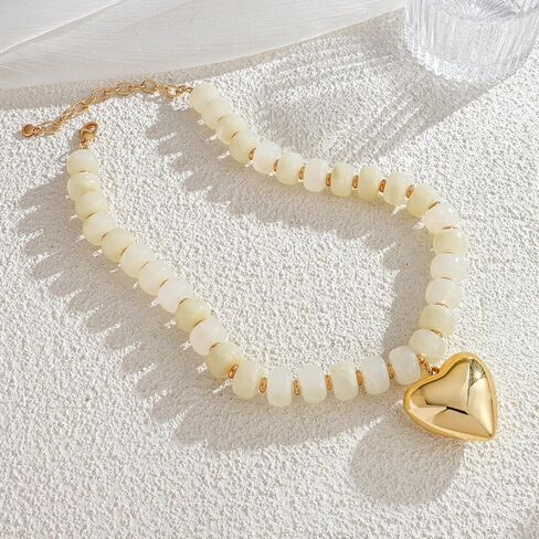 WOWORAMA Boho Beaded Heart Necklace Set for Women Cream White Resin Beads Bracelet Y2k Chunky Puffy Heart Charm Bracelet in Kuwait