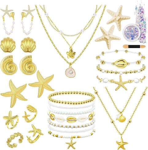 30 Pcs Seashell Starfish Jewelry Set for Women Beach Summer Vacation Jewelry Seashell Starfish Boho Layer Necklace Bracelets White Anklet Stackable Shell Starfish Rings Hair Clip Halloween Mermaid Accessories in Saudi Arabia