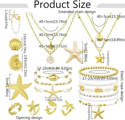 30 Pcs Seashell Starfish Jewelry Set for Women Beach Summer Vacation Jewelry Seashell Starfish Boho Layer Necklace Bracelets White Anklet Stackable Shell Starfish Rings Hair Clip Halloween Mermaid Accessories in Saudi Arabia