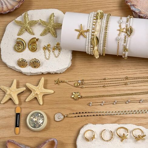 30 Pcs Seashell Starfish Jewelry Set for Women Beach Summer Vacation Jewelry Seashell Starfish Boho Layer Necklace Bracelets White Anklet Stackable Shell Starfish Rings Hair Clip Halloween Mermaid Accessories in Saudi Arabia