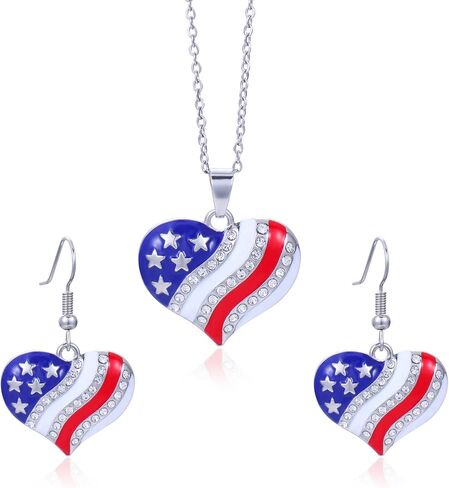 HUJUON American Flag Pendant Necklace Earring Set for Women 4th Of July Butterfly Drop Dangle Hook Earring Independence Day Usa Patriotic Choker Jewelry Gift in Kuwait