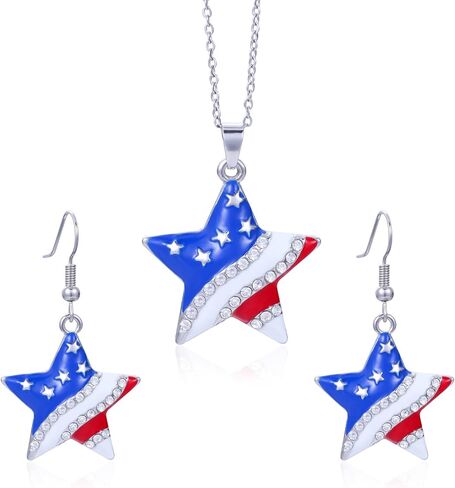 HUJUON American Flag Pendant Necklace Earring Set for Women 4th Of July Butterfly Drop Dangle Hook Earring Independence Day Usa Patriotic Choker Jewelry Gift in Kuwait