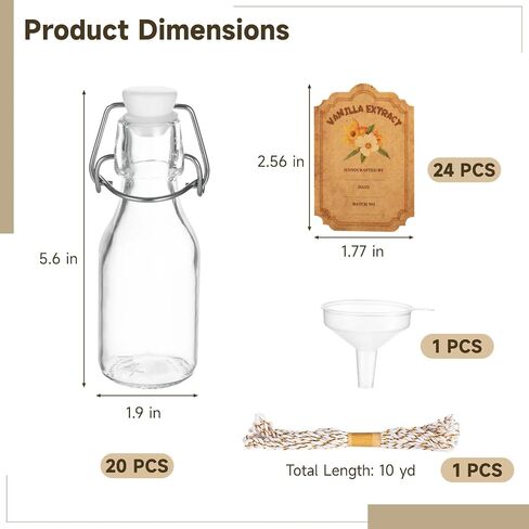 20 Pcs Swing Top Glass Bottles, 4 oz Vanilla Extract Bottles with 24 pcs Labels and a Bundle of Thread, 5.6 x 1.9 in Small Bottle for Vanilla Extract, Favors, Homemade Gifts, and Wedding Parties in Kuwait