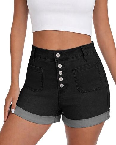 MARIASHA Jean Shorts Womens High Waisted Stretchy Jean Shorts for Women Trendy Button Fly Rolled Hem Casual Denim Shorts in Saudi Arabia