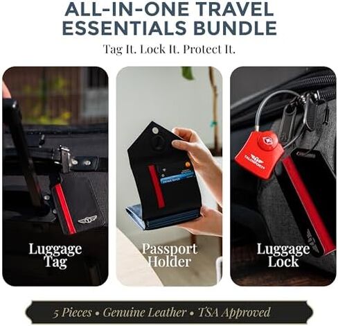 Ultimate Travel Essentials Bundle – Genuine Leather Luggage Tags (2 Pack), TSA-Approved Keyless Luggage Locks (2 Pack) & Full Grain Leather RFID Passport Holder with Hidden AirTag Pocket in Saudi Arabia