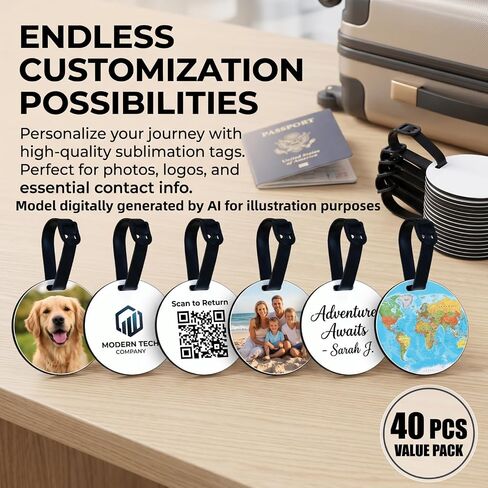 40 Pcs Sublimation Luggage Tag Blanks, Round Double Sides Sublimation Luggage Tags with Strap for Travel Bag, Sublimating Keychain Blank for Traveler in Saudi Arabia