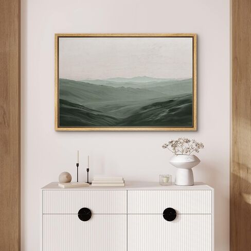 SIGNFORD Framed Canvas Wall Art Monochromatic Green Mountains and Valleys Landscape Wilderness Oil Painting Impressionism Traditional Scenic for Living Room, Bedroom, Office - 16x24 inches in Saudi Arabia