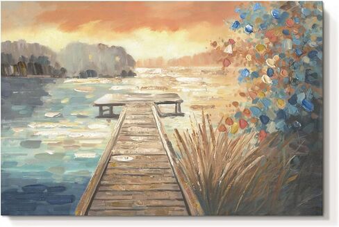 cozy country Lake Dock Sunset Canvas Wall Art with Wildflowers - Serene Lake-House Decor Pictures for Living Room & Bedroom - Lake-Pier Landscape Painting Nature Artwork 45"x30" in Saudi Arabia