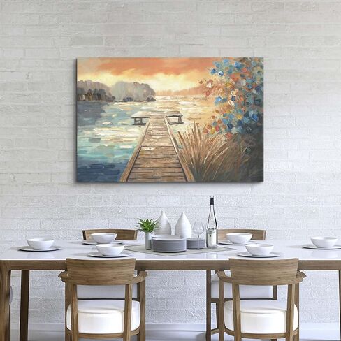cozy country Lake Dock Sunset Canvas Wall Art with Wildflowers - Serene Lake-House Decor Pictures for Living Room & Bedroom - Lake-Pier Landscape Painting Nature Artwork 45"x30" in Saudi Arabia