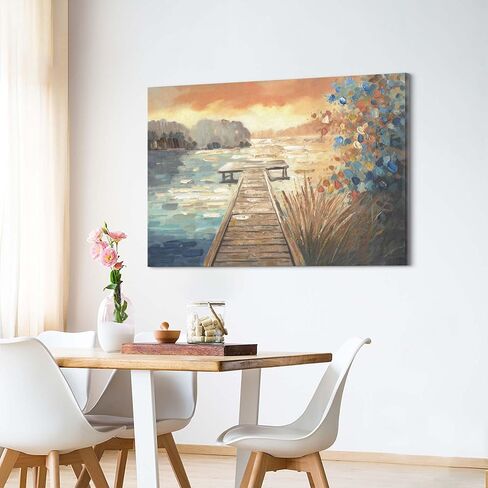 cozy country Lake Dock Sunset Canvas Wall Art with Wildflowers - Serene Lake-House Decor Pictures for Living Room & Bedroom - Lake-Pier Landscape Painting Nature Artwork 45"x30" in Saudi Arabia