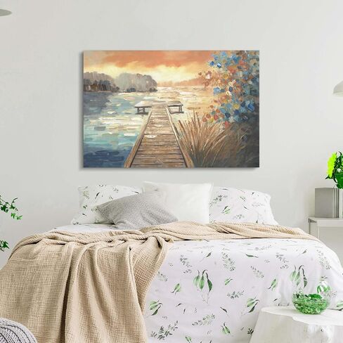 cozy country Lake Dock Sunset Canvas Wall Art with Wildflowers - Serene Lake-House Decor Pictures for Living Room & Bedroom - Lake-Pier Landscape Painting Nature Artwork 45"x30" in Saudi Arabia