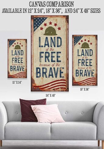 Land of the Free Because of the Brave Rustic Metal Look 24x48 Stretched Canvas Art Extra Large - Great Home Office Patriotic Decoration, 4th of July Pride Decor, Fourth of July Accessories in Kuwait