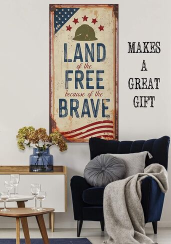 Land of the Free Because of the Brave Rustic Metal Look 24x48 Stretched Canvas Art Extra Large - Great Home Office Patriotic Decoration, 4th of July Pride Decor, Fourth of July Accessories in Kuwait