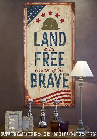 Land of the Free Because of the Brave Rustic Metal Look 24x48 Stretched Canvas Art Extra Large - Great Home Office Patriotic Decoration, 4th of July Pride Decor, Fourth of July Accessories in Kuwait