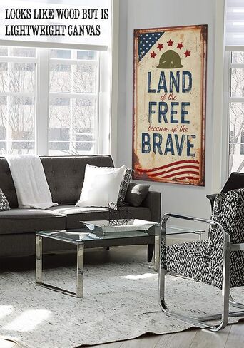 Land of the Free Because of the Brave Rustic Metal Look 24x48 Stretched Canvas Art Extra Large - Great Home Office Patriotic Decoration, 4th of July Pride Decor, Fourth of July Accessories in Kuwait