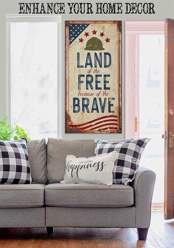 Land of the Free Because of the Brave Rustic Metal Look 24x48 Stretched Canvas Art Extra Large - Great Home Office Patriotic Decoration, 4th of July Pride Decor, Fourth of July Accessories in Kuwait