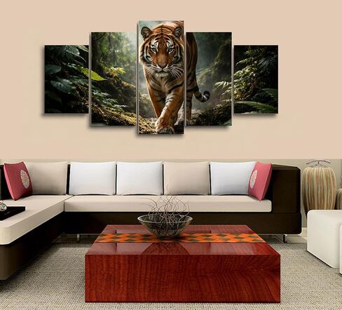 5 Piece Canvas Wall Art Walking Tiger Jungle Forest Wildlife Canvas Prints Big Cat Nature Artwork Modern Wall Decor for Living Room Bedroom Office Home Decoration - Framed in Saudi Arabia