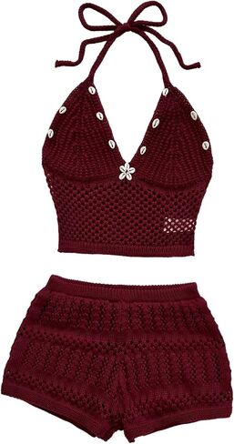 GORGLITTER Women's Summer Vacation Outfits Crochet Knit Halter Crop Tops Mini Shorts Going Out Beach Resort Wear in Kuwait