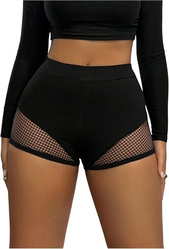 SHENHE Women's Contrast Fishnet Mini Shorts High Waisted Ruched Butt Lifting Bodycon Hot Pants in Saudi Arabia