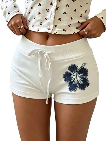 Verdusa Women's Floral Micro Shorts Rave Drawstring Waist Yoga Mini Shorts Y2k Going Out Bottoms in Kuwait