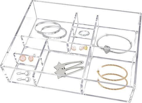 Clear Acrylic Jewelry Organizer Tray 8 Grids Makeup Tray for Vanity Desk Drawer Bedroom Office, Jewelry Case for Rings, Necklace, Earrings, Bracelets, Lipstick, Office Supplies, 7.6 x 5.9 x 1.8 Inch in Saudi Arabia