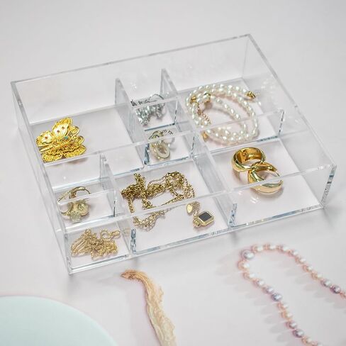 Clear Acrylic Jewelry Organizer Tray 8 Grids Makeup Tray for Vanity Desk Drawer Bedroom Office, Jewelry Case for Rings, Necklace, Earrings, Bracelets, Lipstick, Office Supplies, 7.6 x 5.9 x 1.8 Inch in Saudi Arabia