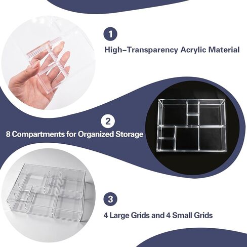 Clear Acrylic Jewelry Organizer Tray 8 Grids Makeup Tray for Vanity Desk Drawer Bedroom Office, Jewelry Case for Rings, Necklace, Earrings, Bracelets, Lipstick, Office Supplies, 7.6 x 5.9 x 1.8 Inch in Saudi Arabia